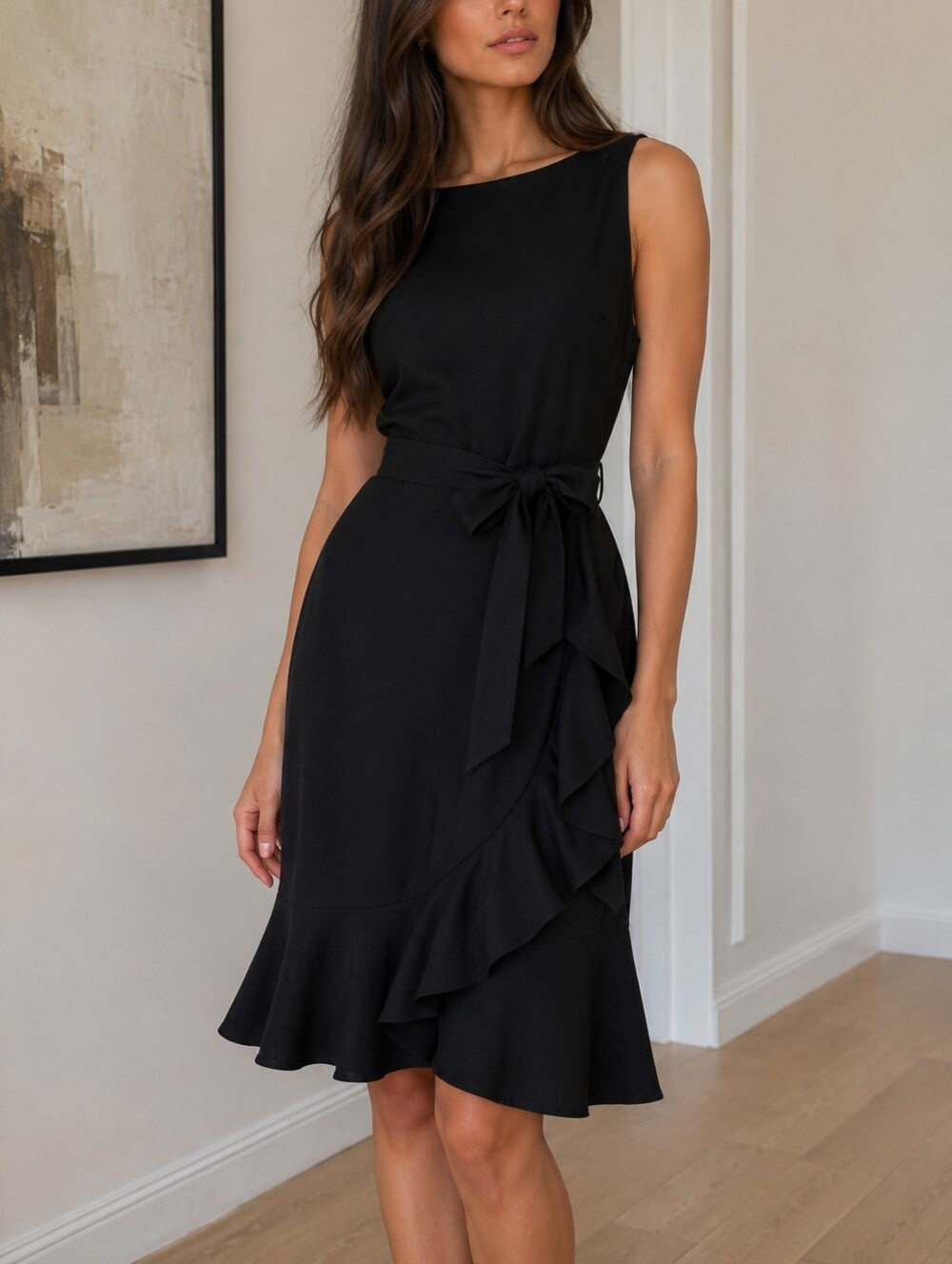 Calvin Klein Black Sleeveless Ruffle Hem Dress
